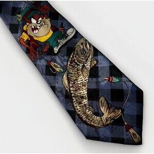Looney Tunes Mania Taz Tasmanian Devil Necktie Tie Vintage 1994 Fishing Cartoon